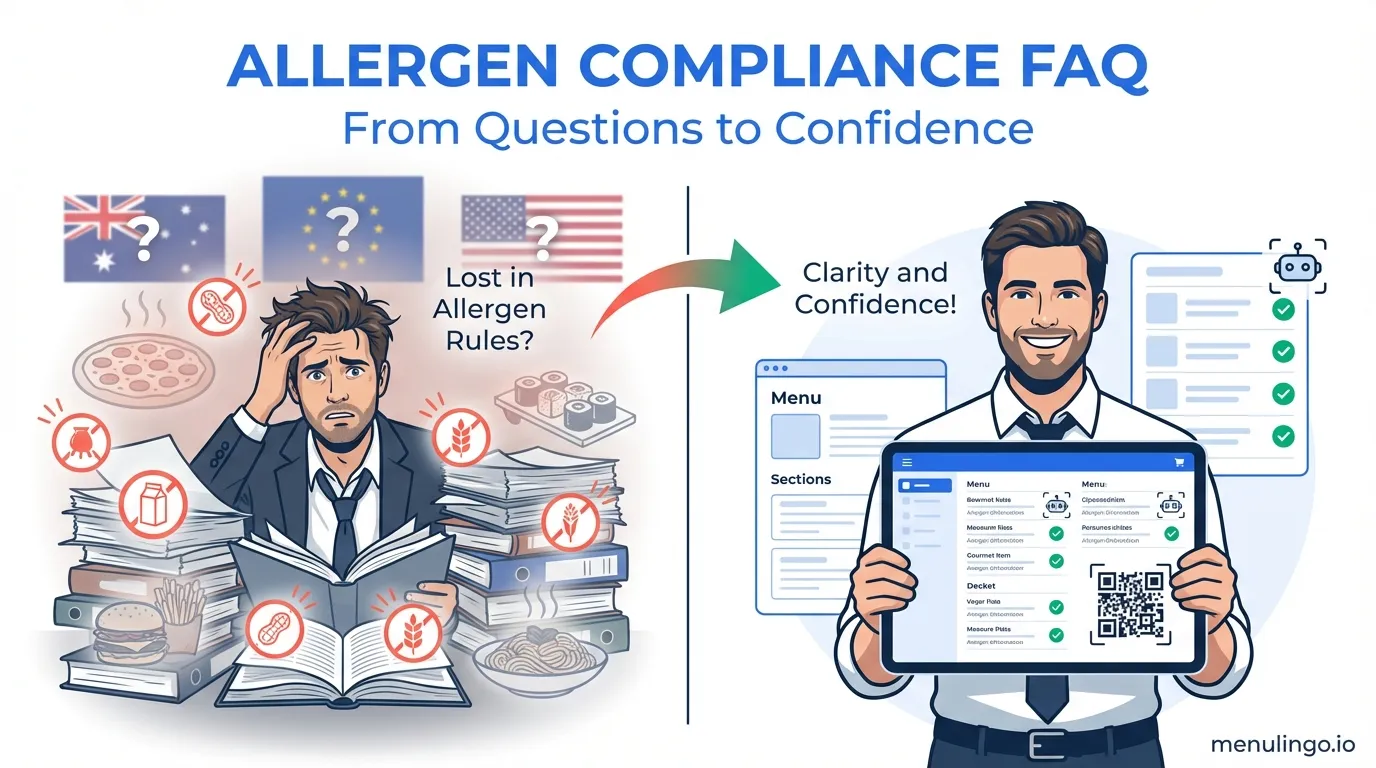 How to display allergens on restaurant menu — AI detection and compliance FAQ infographic