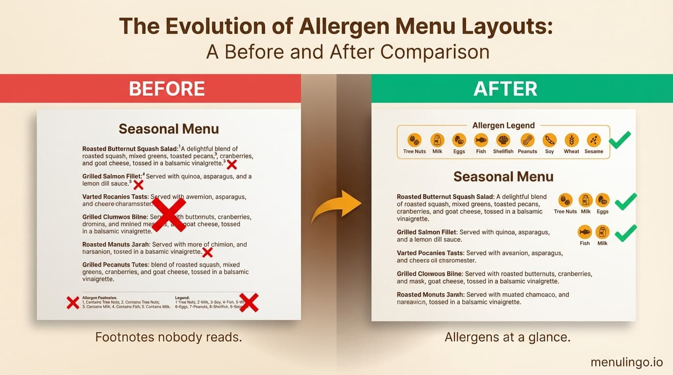 Restaurant menu layout comparing poor allergen placement versus clear allergen-friendly menu design