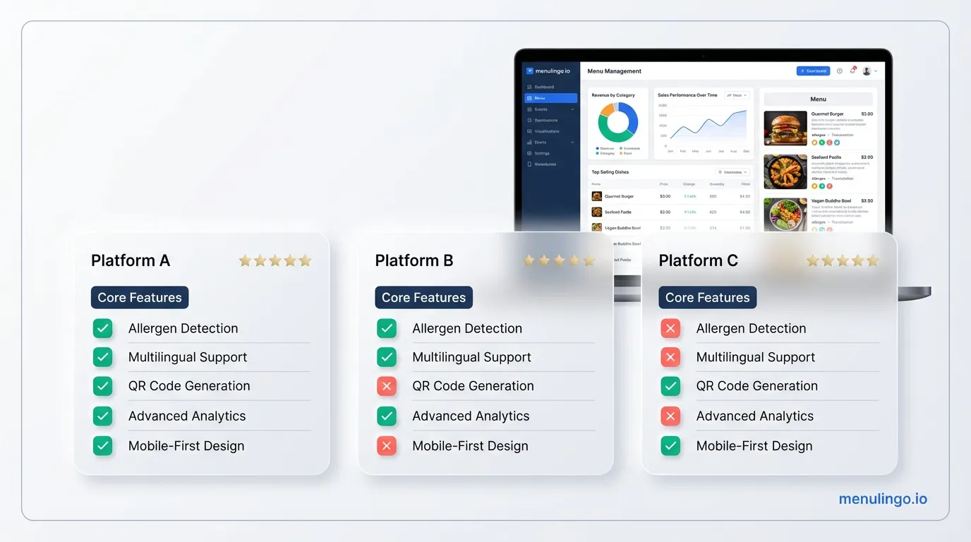 Best restaurant menu management software comparison showing allergen and multilingual feature checklist