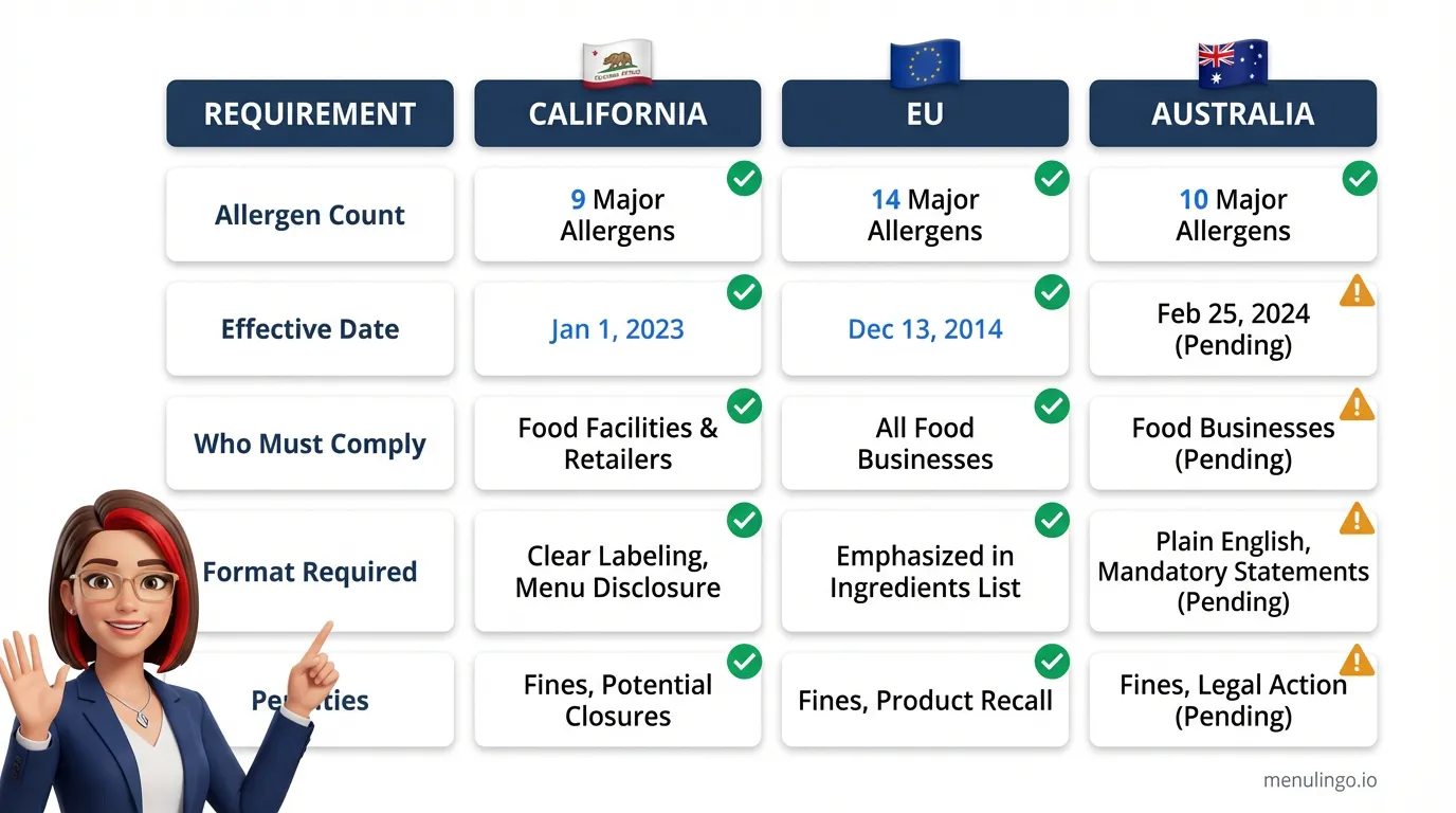 Comparison of allergen disclosure requirements across California, EU, and Australia showing scope and allergen counts