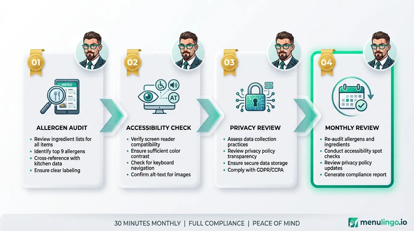 Step-by-step compliance workflow for restaurant digital menus showing allergen audit, accessibility check, and privacy review