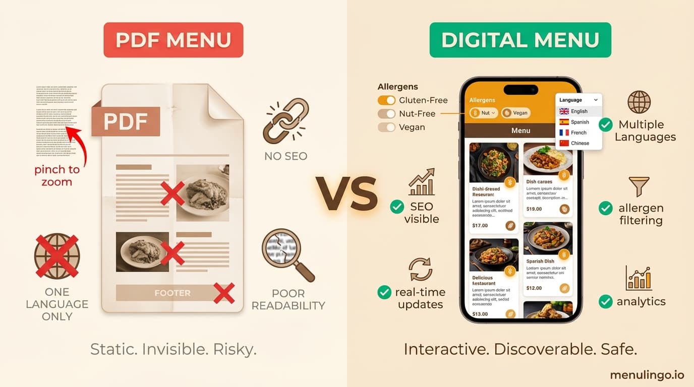 Digital menu vs PDF comparison showing smartphone with interactive menu beside static PDF document
