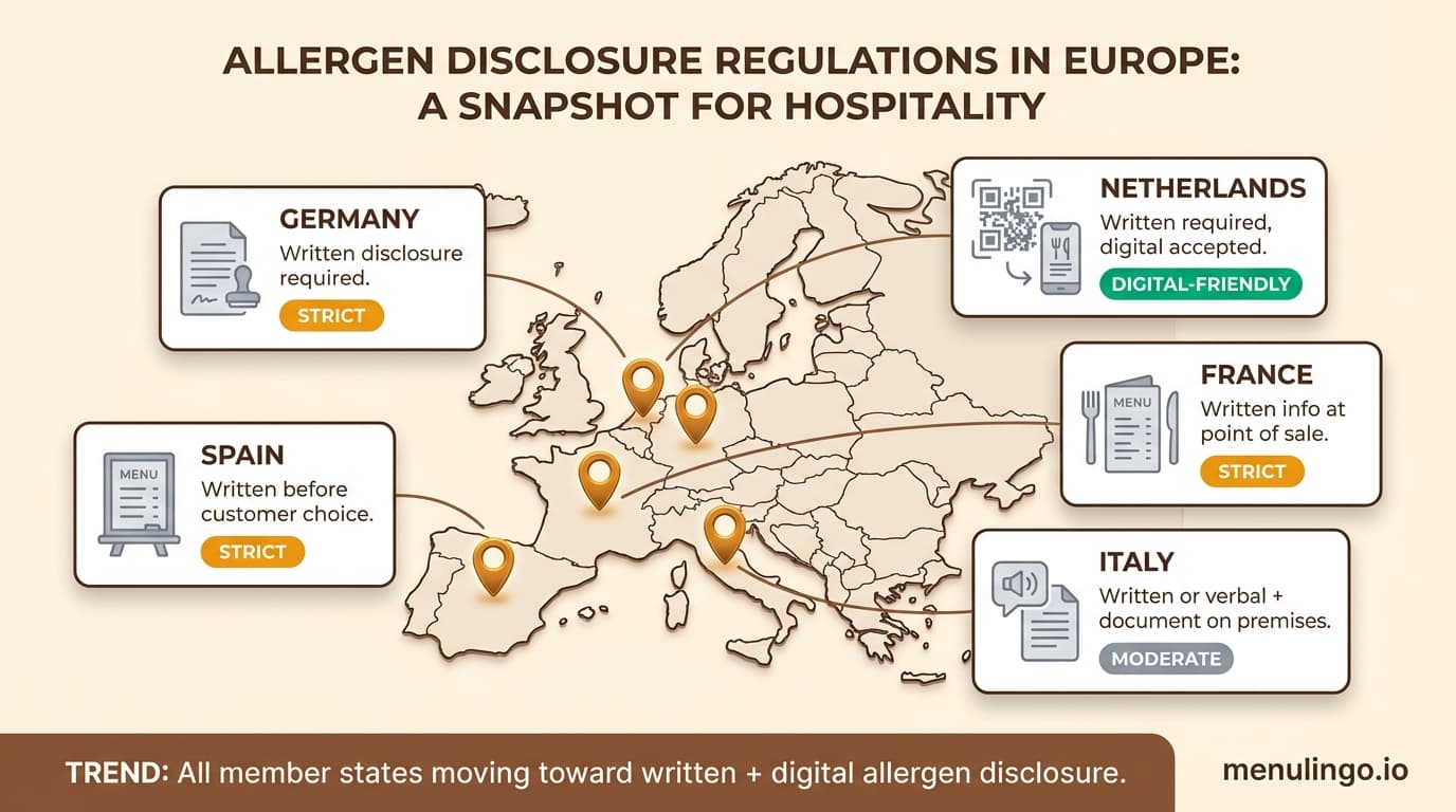 Map of EU member states showing different allergen disclosure requirements and enforcement approaches