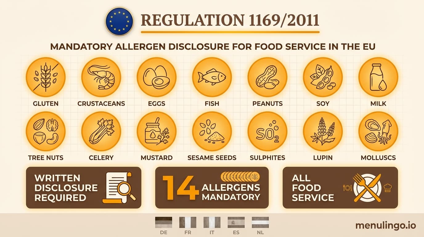 EU allergen regulation compliance guide showing 14 allergen icons with European flag elements