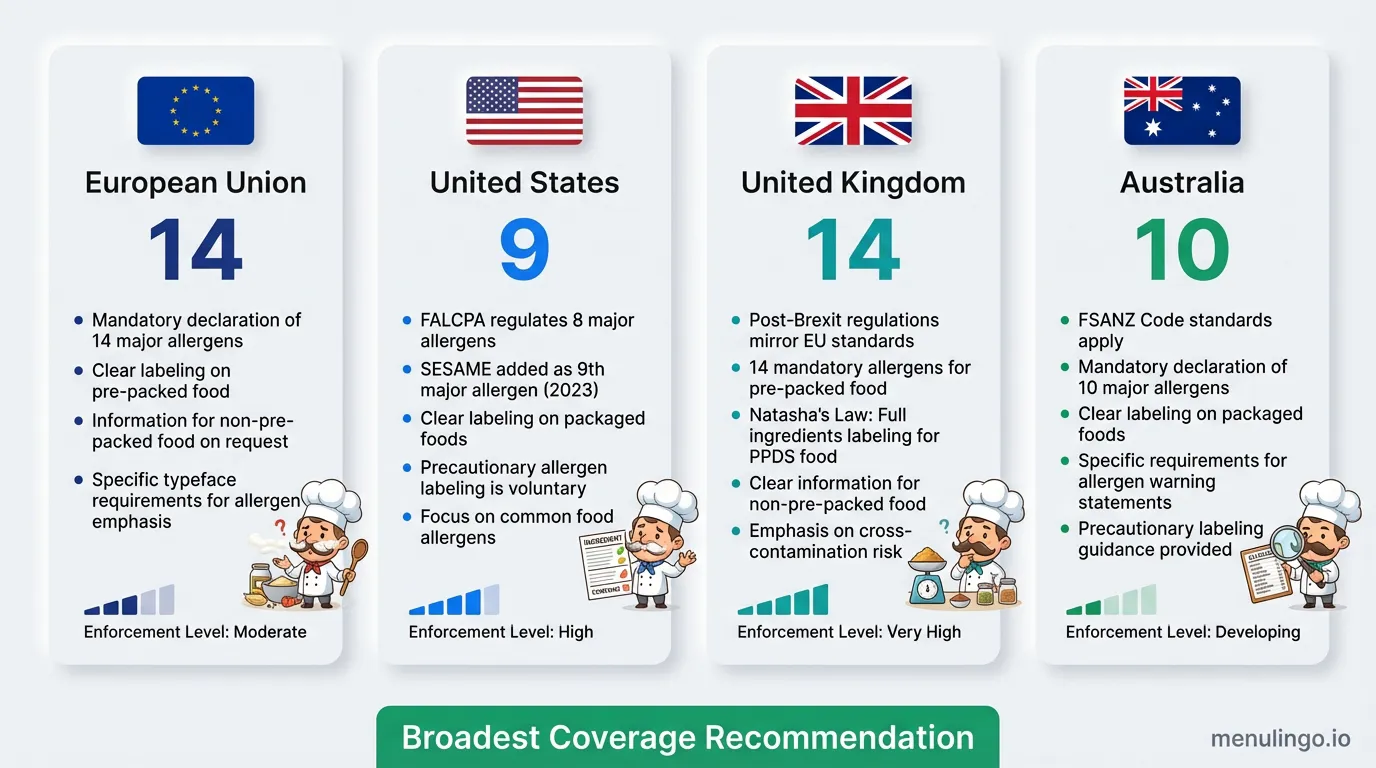 Comparison table of allergen counts and requirements across EU, US, UK, and Australia jurisdictions