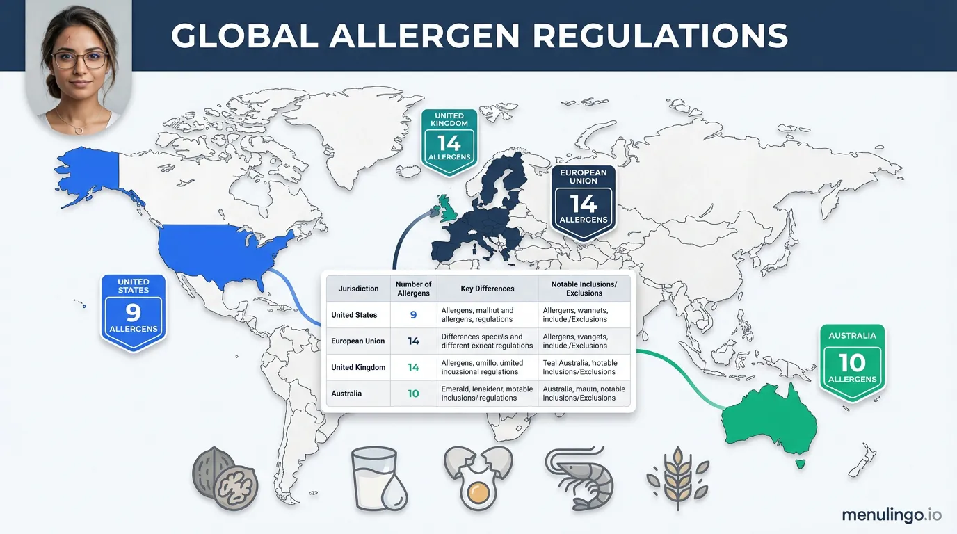 Food allergen regulations worldwide showing disclosure requirements across EU, US, UK, and Australia