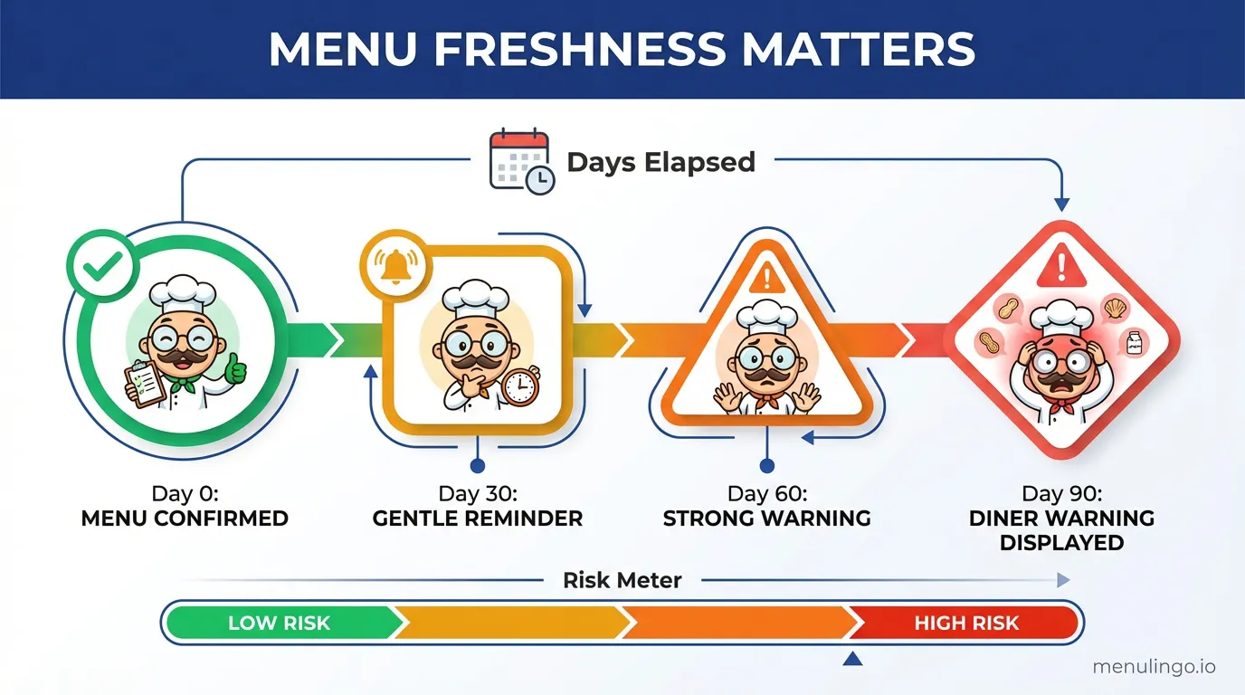 Digital menu management timeline showing outdated menu warning indicators at 30, 60, and 90 days