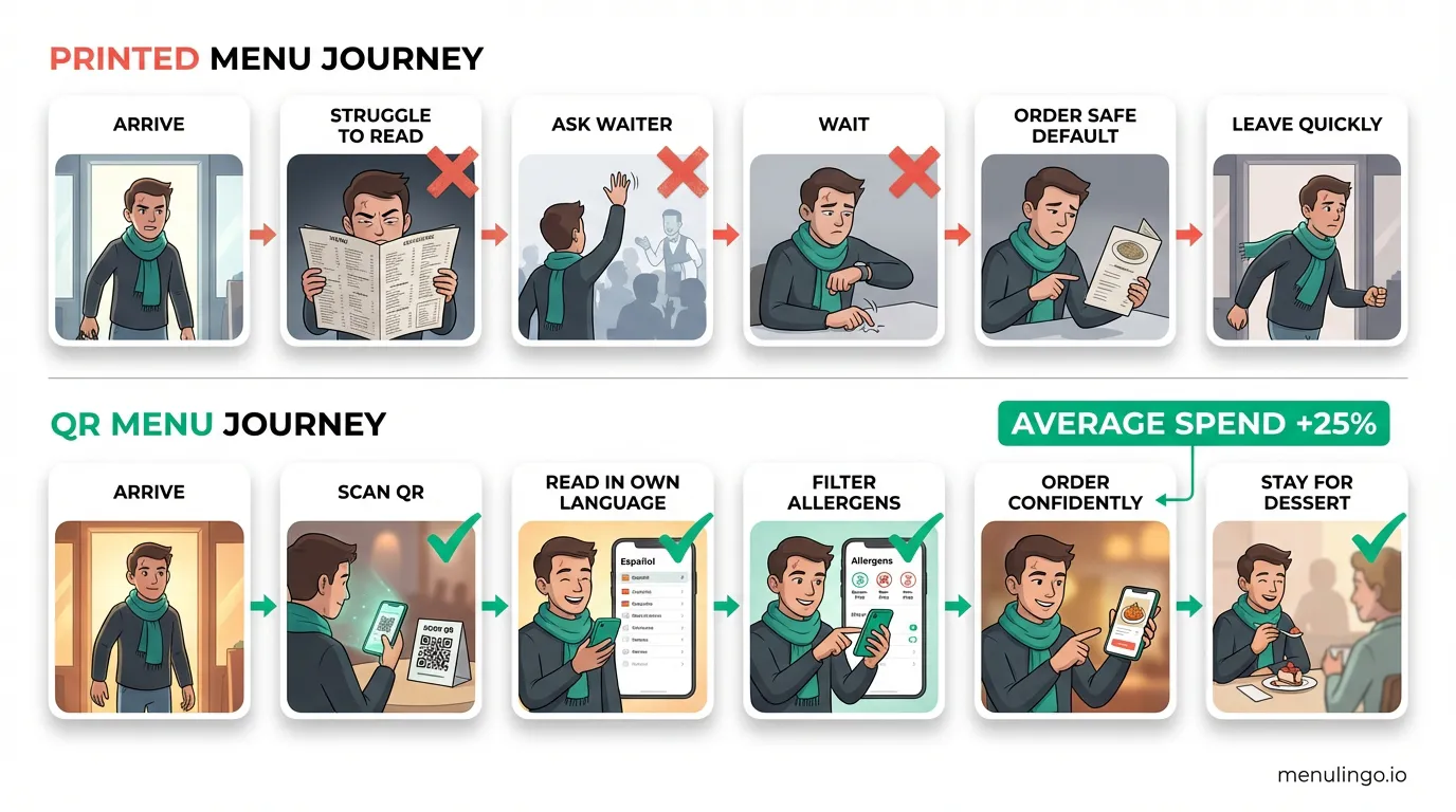 QR code menu customer journey showing international diner scanning and browsing multilingual restaurant menu