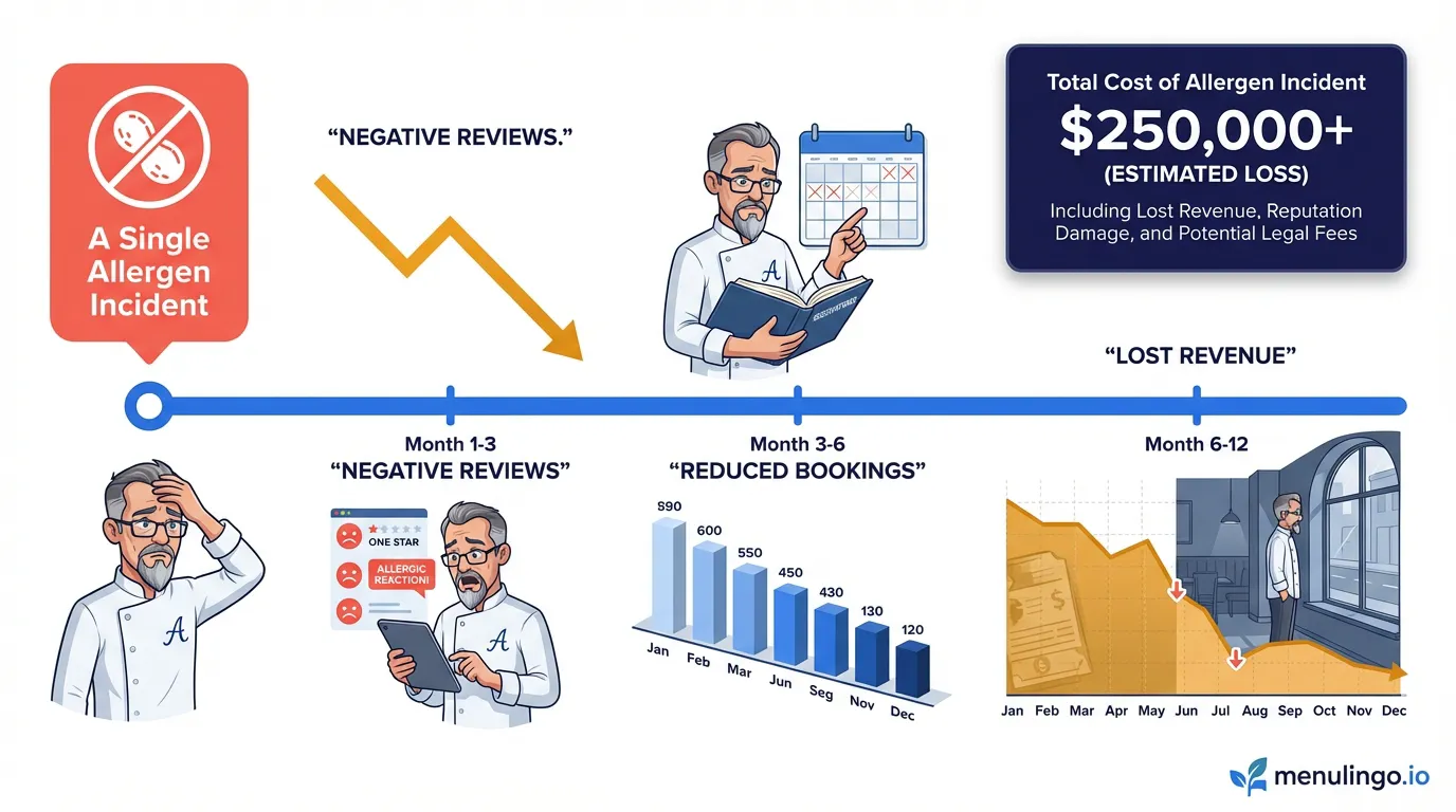 Chart showing the cascade effect of one allergen incident on restaurant revenue over 12 months