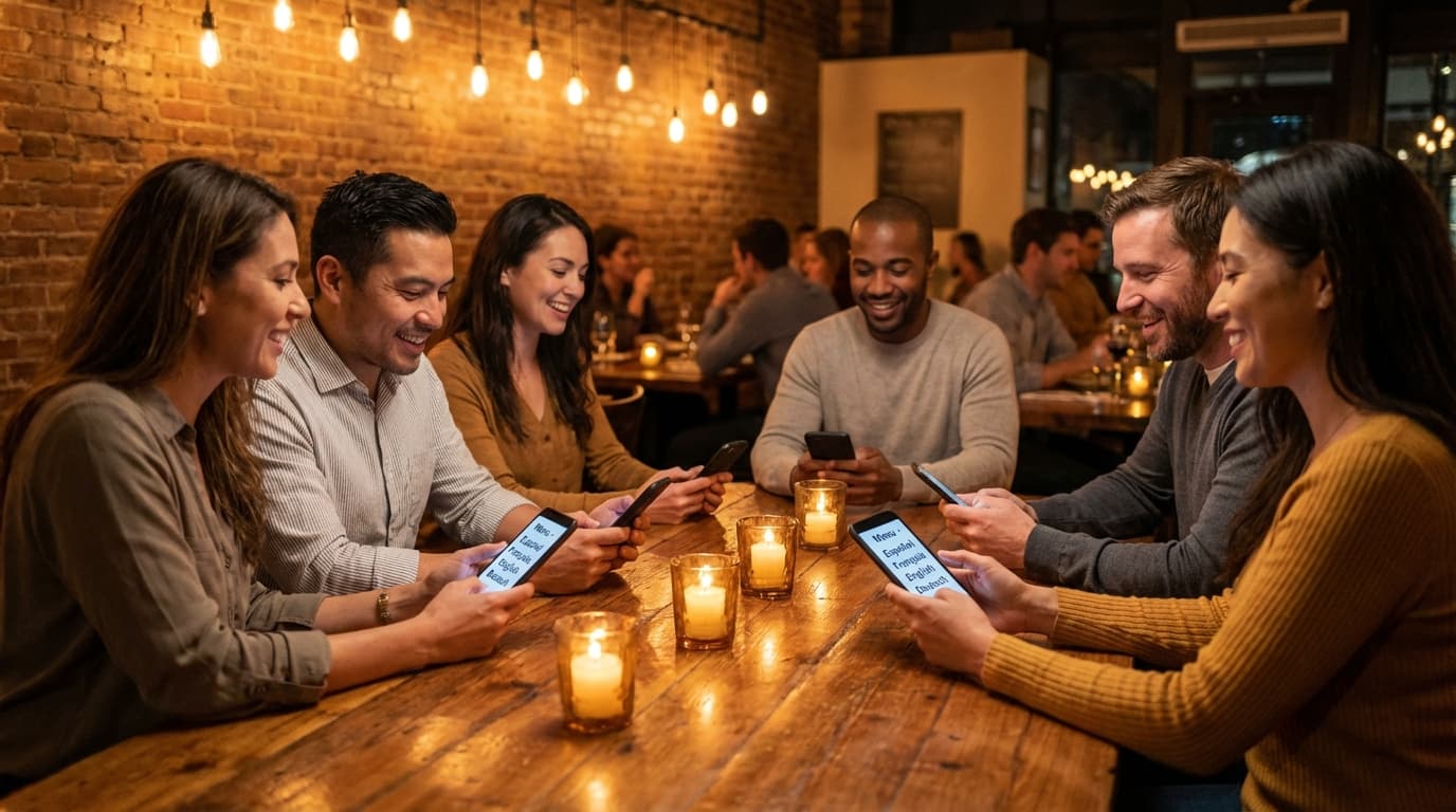 Restaurant customer experience multilingual menus with international diners reading menu in their language
