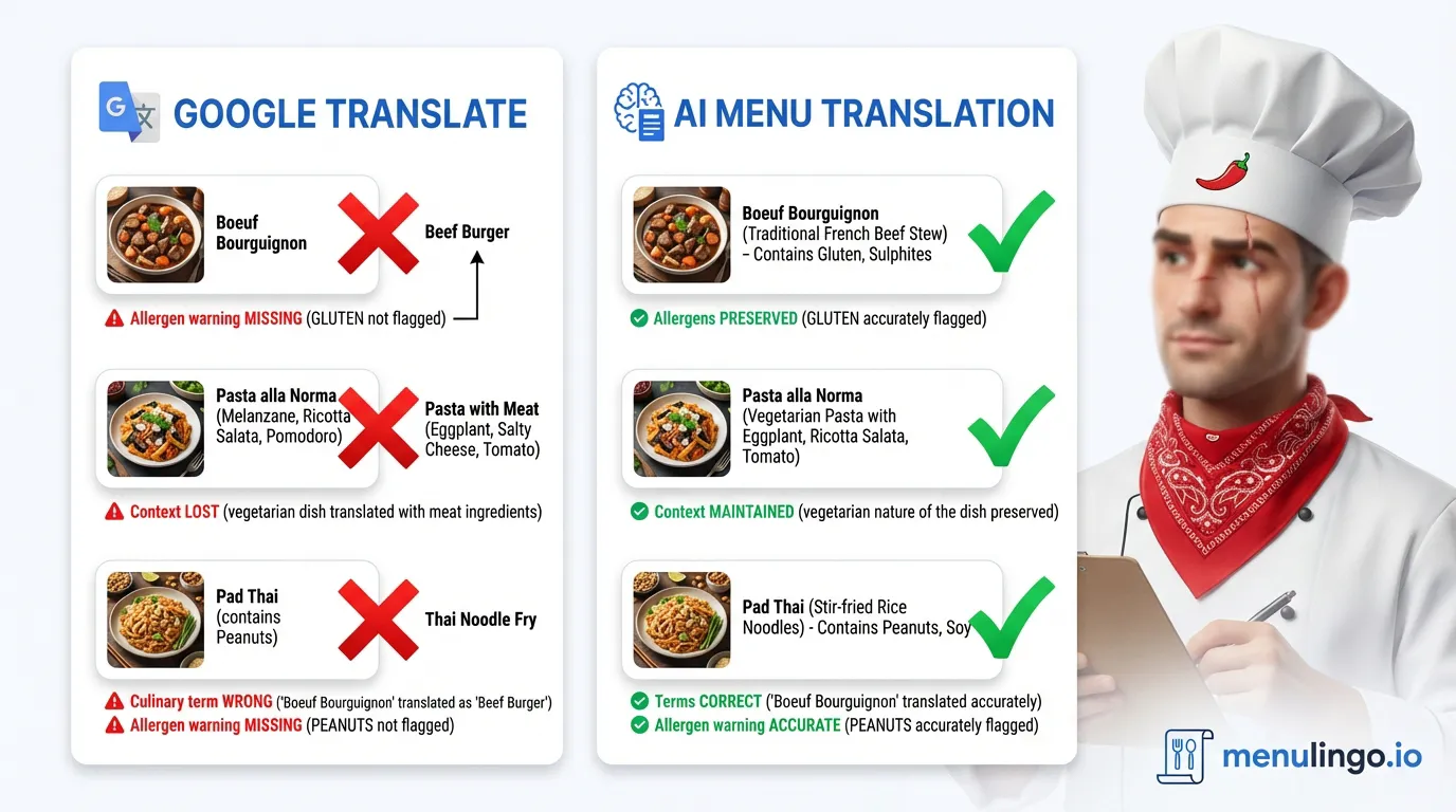 Side-by-side comparison of Google Translate output versus purpose-built menu translation showing allergen accuracy differences