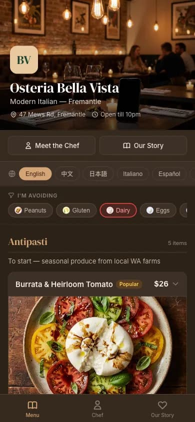 MenuLingo demo — restaurant menu in English