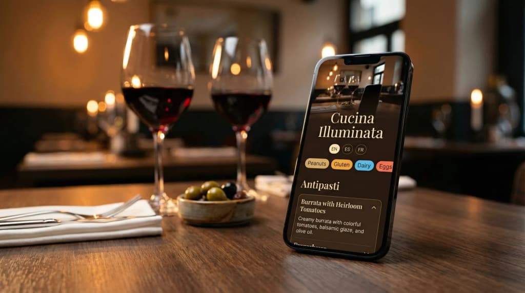 MenuLingo app showing allergen-filtered restaurant menu on iPhone at a restaurant table